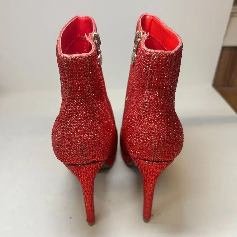 Thalia Sodi Womens 7 M Red Bedazzled Platform High Heel Booties DISPLAY QZ3